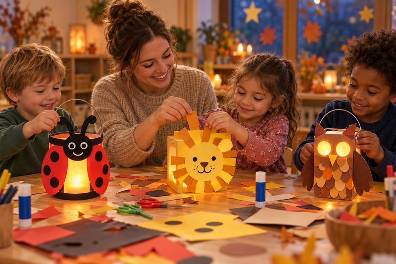 Eine Erzieherin bastelt mit drei Kindern Laternen