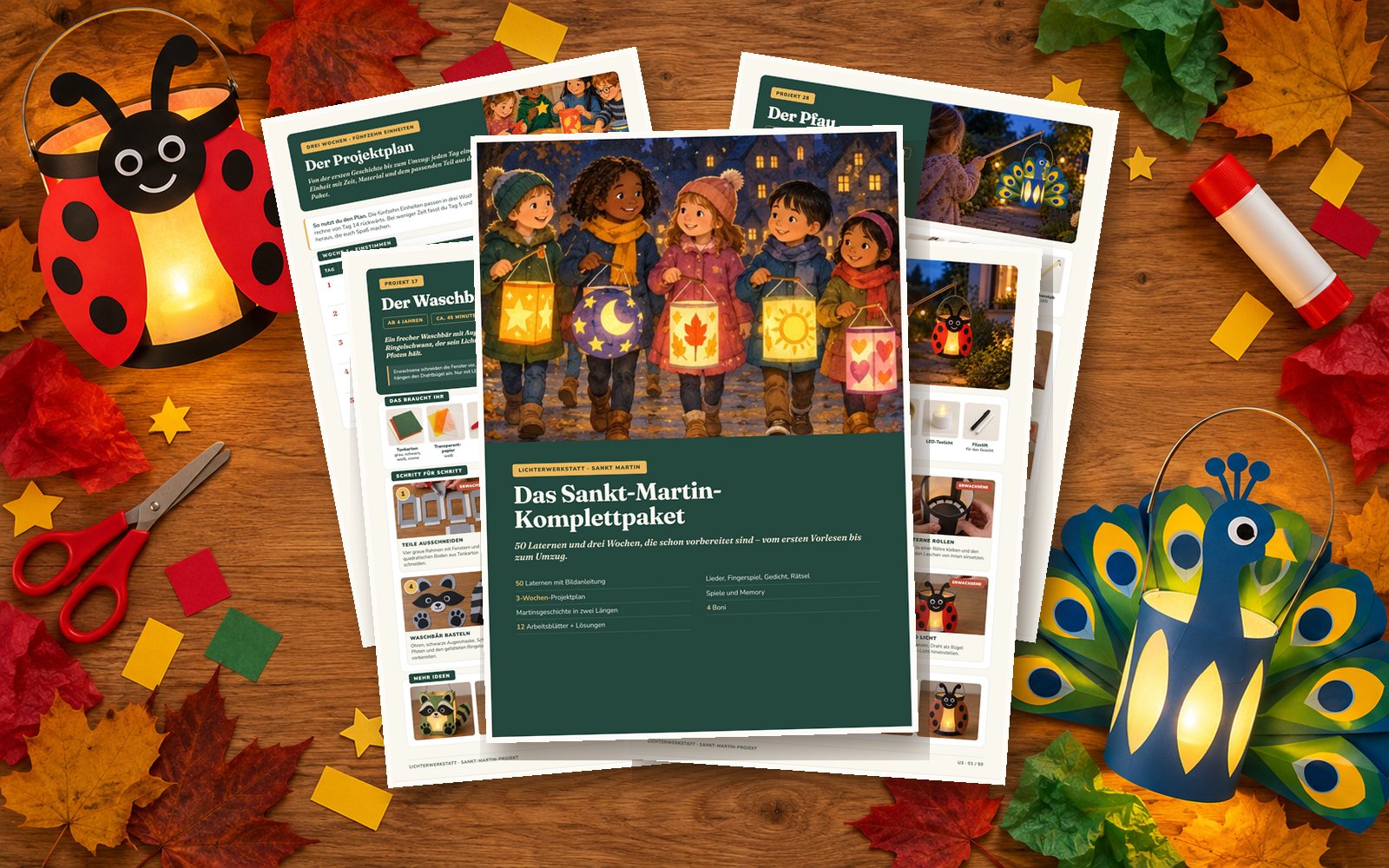 Das Sankt-Martin-Komplettpaket: Deckblatt, Projektplan und Laternenseiten auf einem Basteltisch